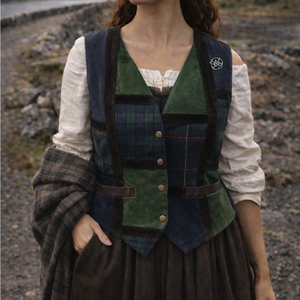 Learsi Women's Tartan Vest - Green and Navy Patchwork Suede